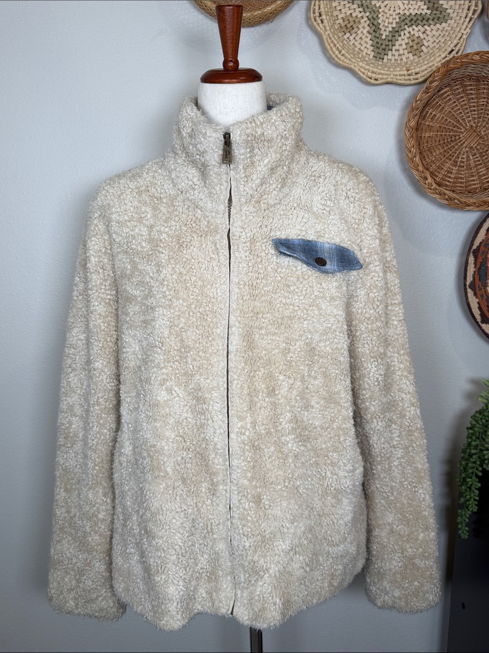 Pendleton Womens Full-Zip Fuzzy Jacket Beige Heather Sherpa Plaid Lined Zip Coat